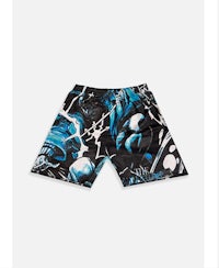 a black and blue shorts with an image of a comic book character